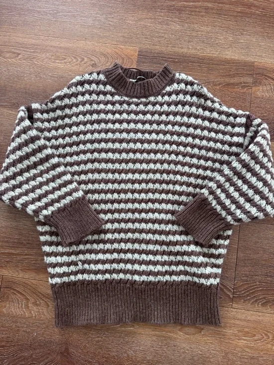 Zara Brown and Cream Striped Crewneck Sweater - Picture 2 of 3